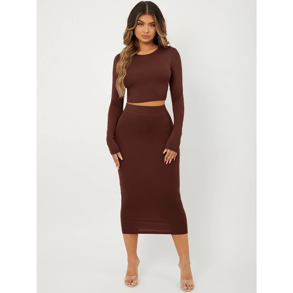 2 piece set: long sleeve Slim Fit Crop Top & High Waist Pencil Skirt black - Picture 6 of 11